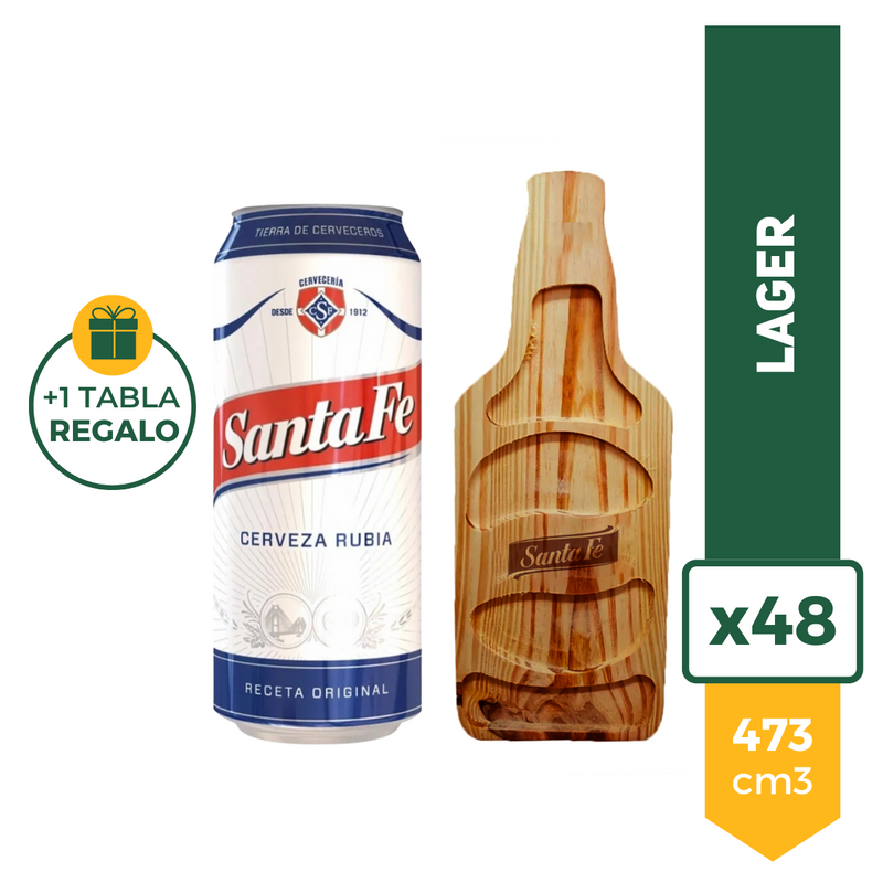 Pack X48 Cerveza Santa Fe Rubia Lata 473ml + Tabla Madera