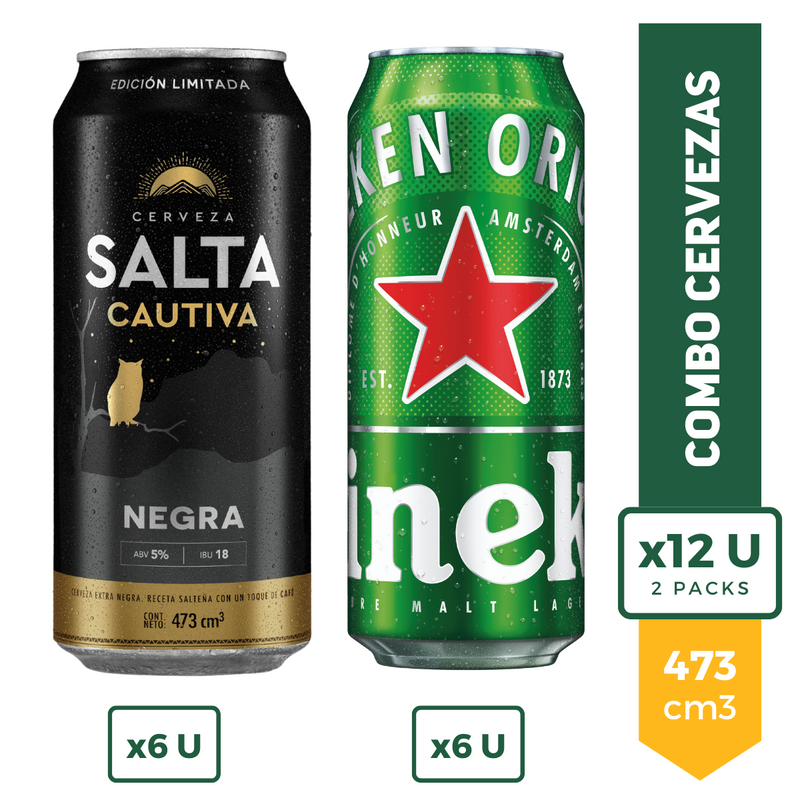 Combo Cerveza 1: Salta Cautiva Negra Lata 473ml X6 + Heineken Lata 473ml X6