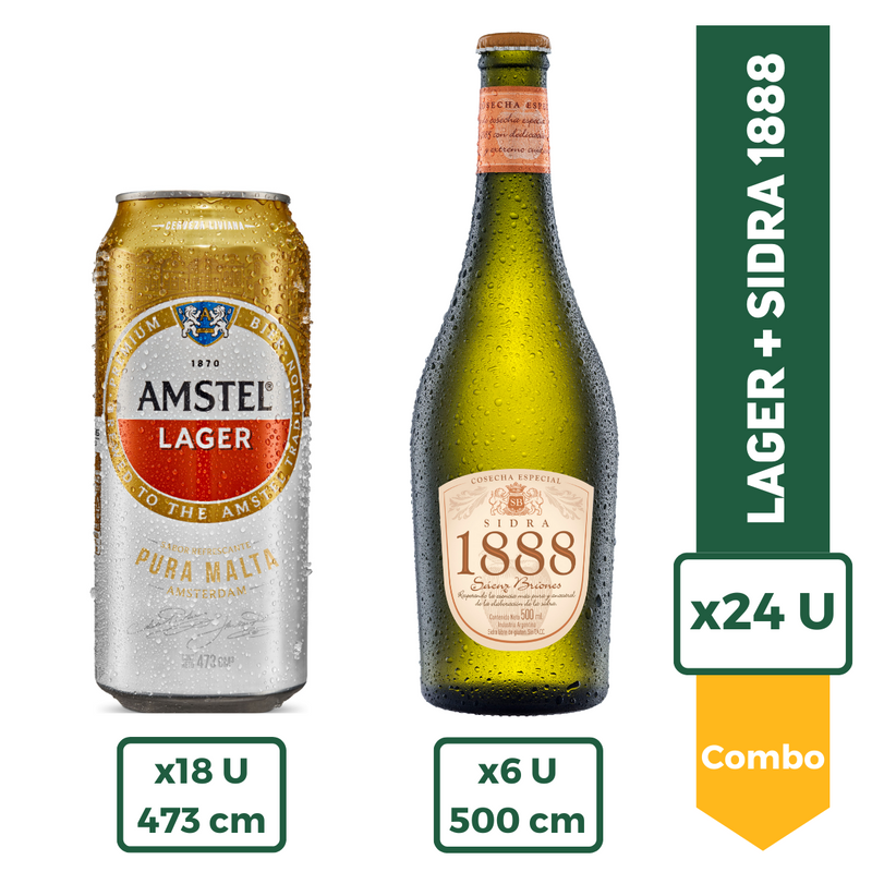 Combo Basico Fiesta: Cerveza Amstel Lager Lata 473ml X18 + Sidra 1888 500ml X6