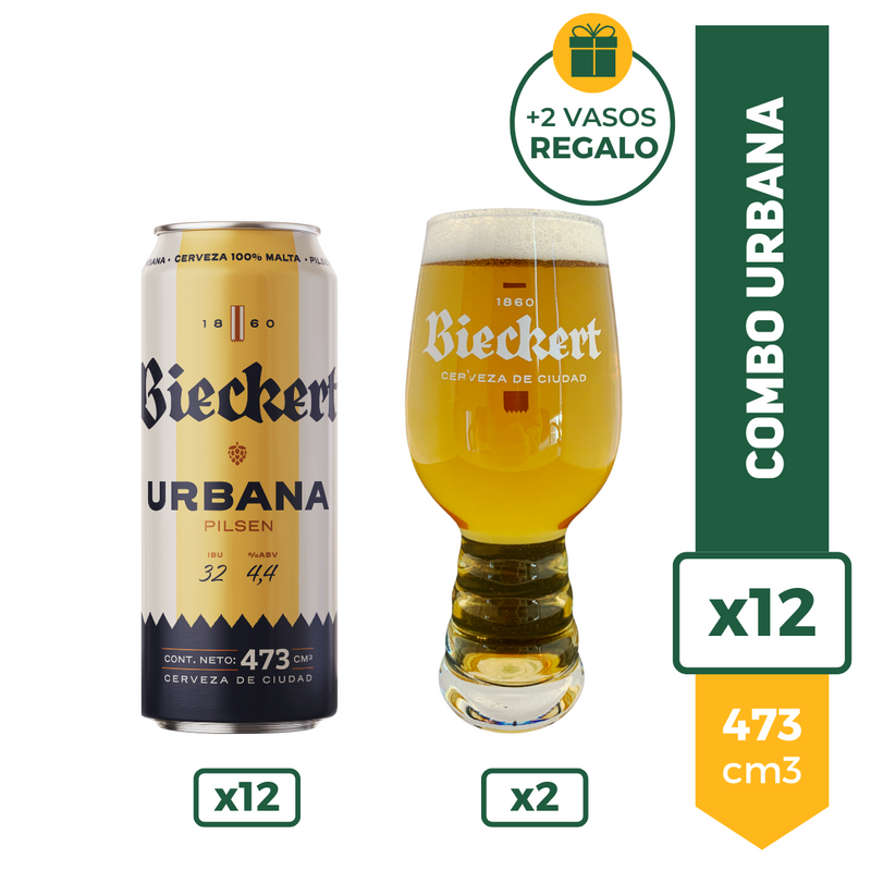 Cerveza Bieckert Urbana 473ml x12 + 2 Vasos IPA