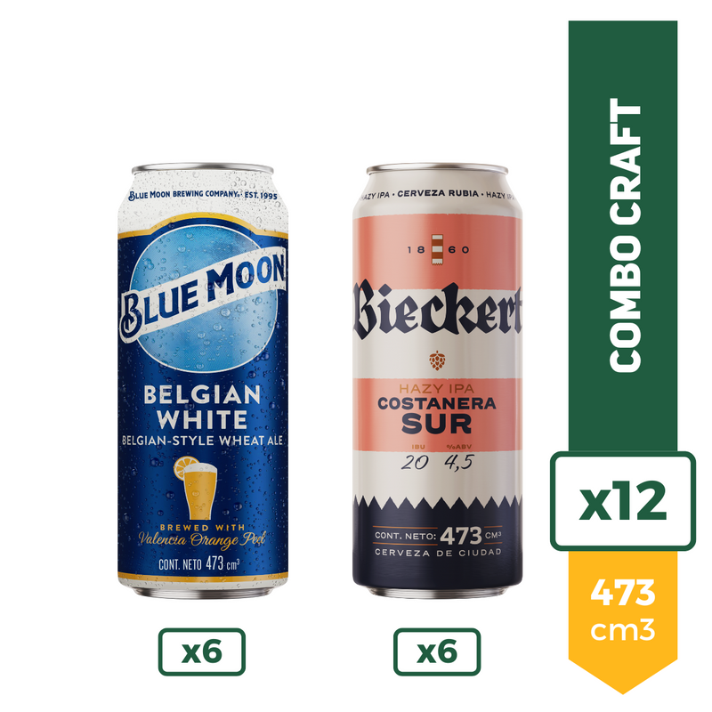 Cerveza Blue Moon Lata 473ml x6 + Bieckert Costanera Sur 473ml x6