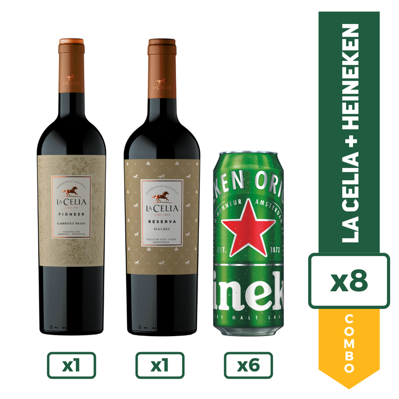 Cerveza Heineken 473ml X6 + Vino La Celia Pioneer CF + Vino La Celia Reserva Malbec