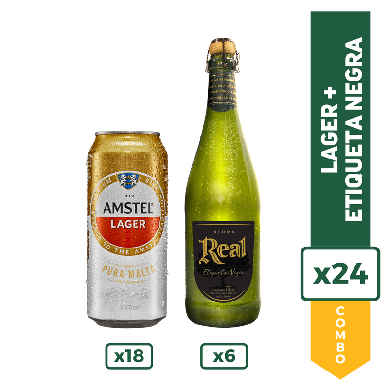 Combo Basico: Cerveza Amstel Lager Lata 473ml Pack X18 + Sidra Real Etiqueta Negra Botella 750ml x6