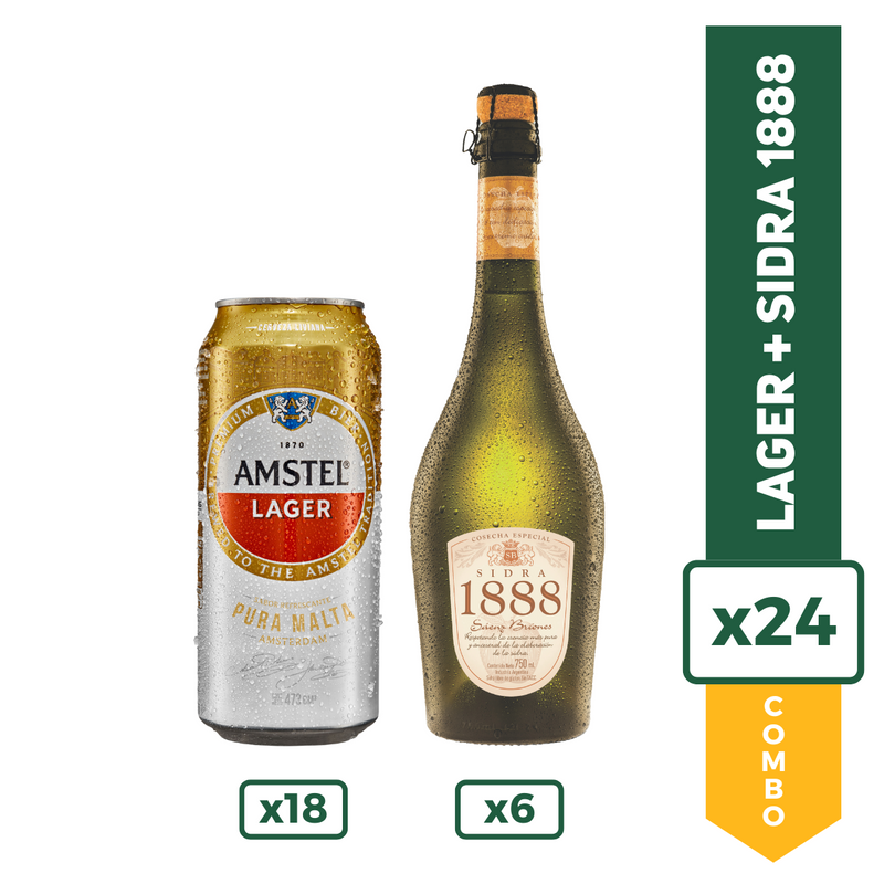 Combo Basico Fiesta: Cerveza Amstel Lager Lata 473ml X18 + Sidra 1888 500ml X6