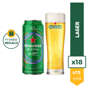 Combo Media Pinta Heineken: 18 latas de Heineken Original 473 ml + 1 vaso media pinta Heineken – imagen 2