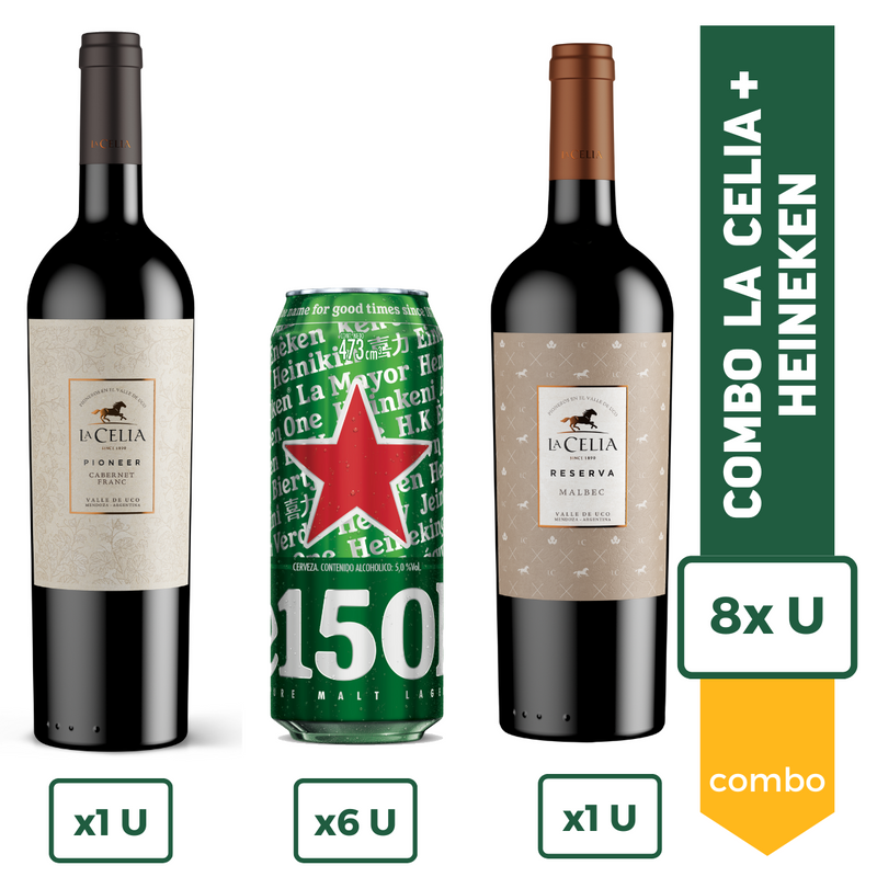 Cerveza Heineken Rubia Lata 473ml X6 + Vino La Celia Pioneer Cabernet Franc + Vino La Celia Reserva Malbec