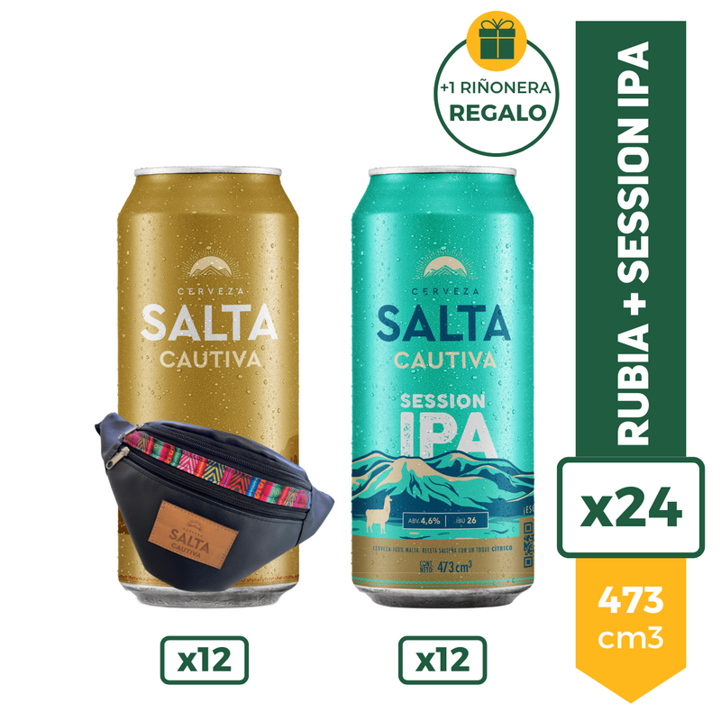 Salta Cautiva Rubia 473ml x12 + Salta Cautiva Session IPA 473ml x12  + Riñonera