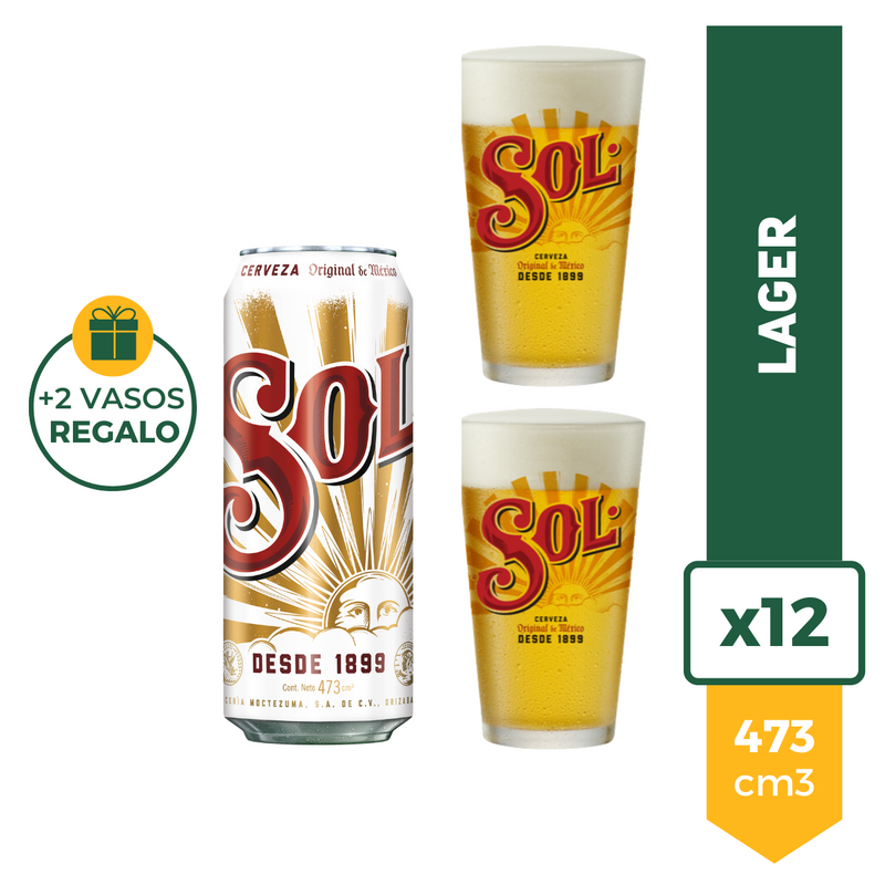 Pack X12 Cerveza Sol Rubia Lata 473ml + 2 Vasos