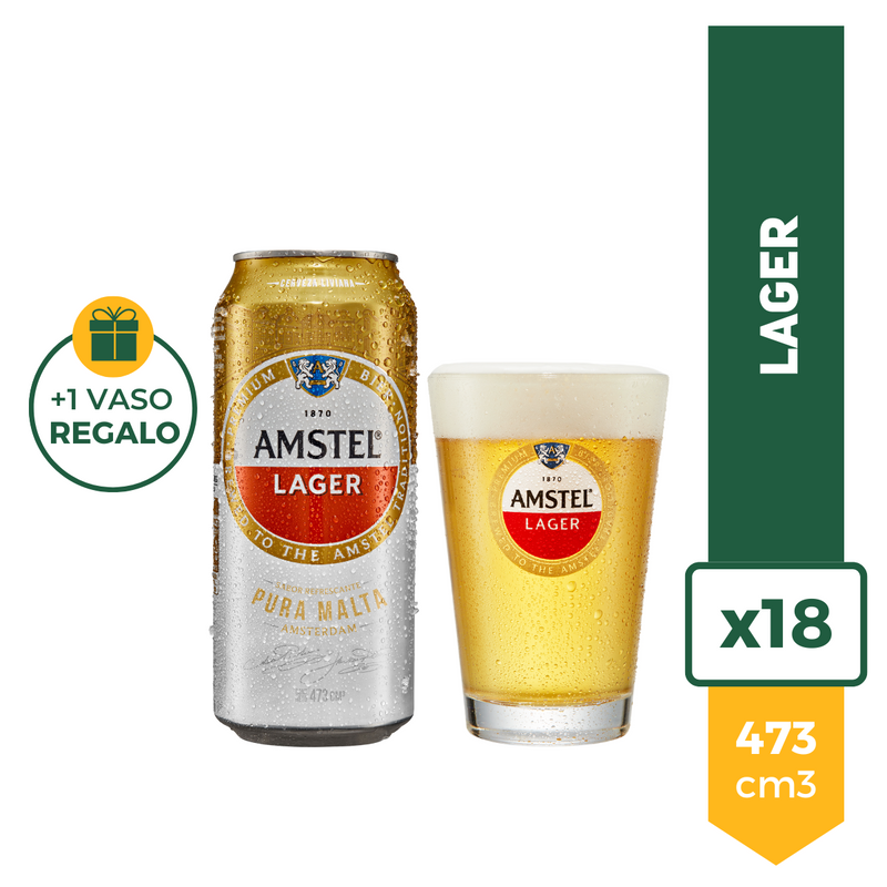 Pack X18 Cerveza Amstel Lager Lata 473ml + Vaso