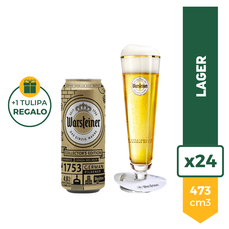 Cerveza Warsteiner Rubia 473ml x24 + Vaso Tulipa