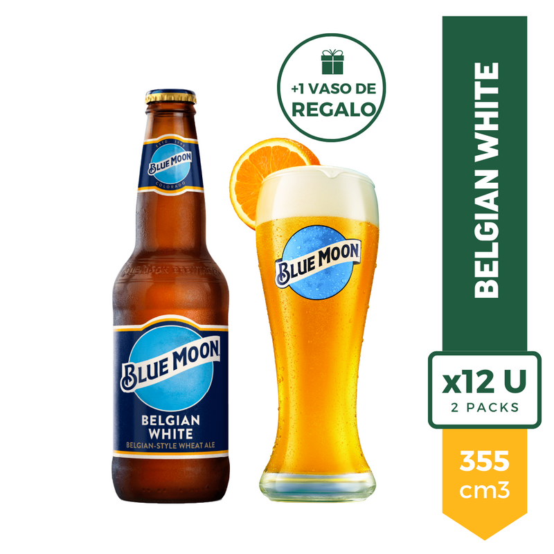Pack X12 Cerveza Blue Moon Belgian White 355ml Porron + Vaso