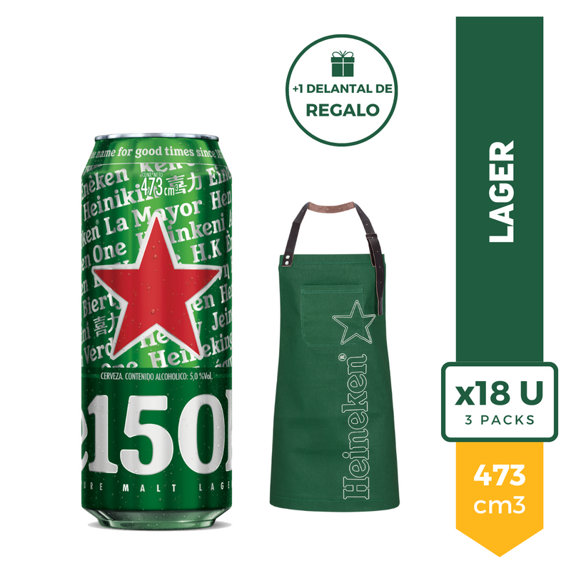 Pack X18 Cerveza Heineken Rubia Lata 473ml + Delantal