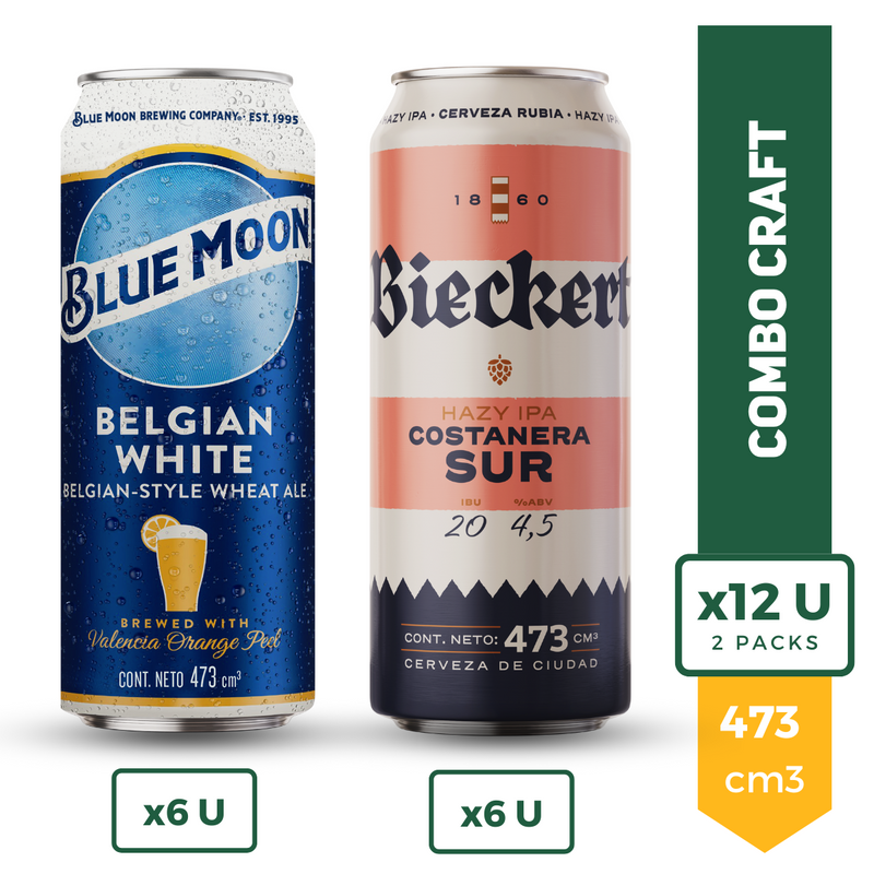 Cerveza Blue Moon Lata 473ml x6 + Bieckert Costanera Sur 473ml x6