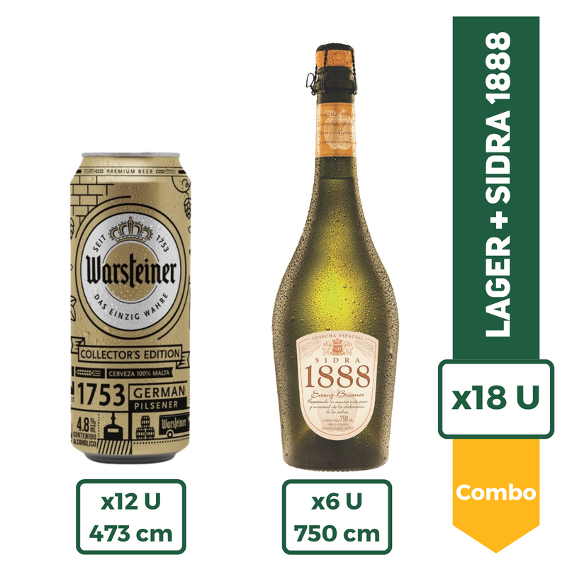 Combo Estandar: Cerveza Warsteiner Rubia Lata 473ml Pack X12 + Sidra 1888 Saenz Briones Cosecha Especial 750ml x6